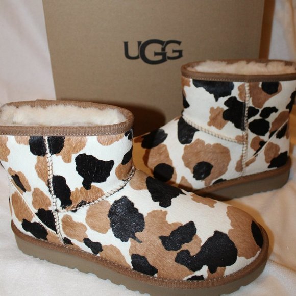 NIB UGG COW CALF HAIR MINI SHEARLING LINED WINTER BOOTS BLACK‎ CHESTNUT